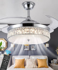 Lit Crystal Ceiling Fan With Lights 42 Inch LED Remote 3 Color Temp Retractable Invisible Blades in a modern bedroom setup