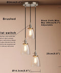Three Light Industrial Pendant Lighting With Clear Glass Pendants For Kitchen Island And Dining Room, Brushed Steel finish view