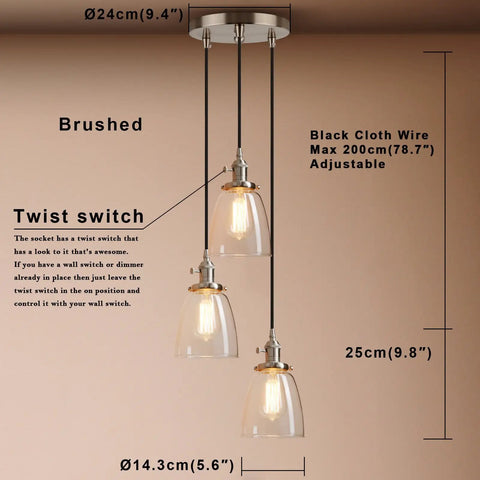 Three Light Industrial Pendant Lighting With Clear Glass Pendants For Kitchen Island And Dining Room, Brushed Steel finish view