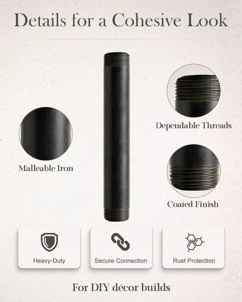 Details of 10 Pack 1 Inch By 8 Inch Black Malleable Iron Pipe Nipples Fittings For DIY Steampunk Industrial Vintage Decor, focus on materials and finish.