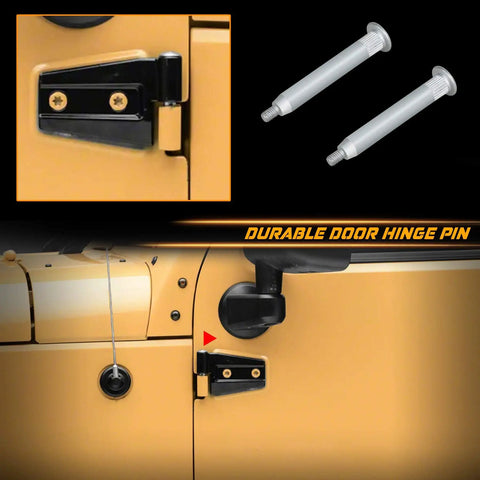 Door Hinge Pin Repair Kit For 2007 2018 Jeep Wrangler Pack Of Four Durable zinc plated steel pins shown with hinge installation
