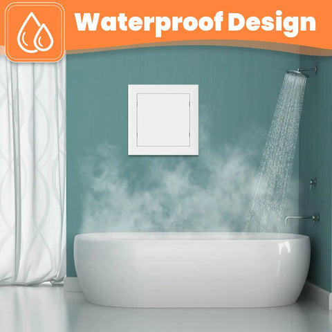 10X10 Self Adhesive Access Panel Drywall Hole Cover With Dead Simple Install And Paintable Finish Impact Resistant Plastic Utility Door for Plumbing and Ceiling Projects Solid Build Hide The Eyesore in a bathroom.