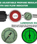 Propane regulator with gauge and braided hose, 5ft length, adjustable 0–30 psi (front view).