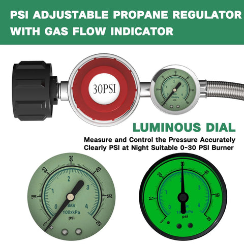 Propane regulator with gauge and braided hose, 5ft length, adjustable 0–30 psi (front view).