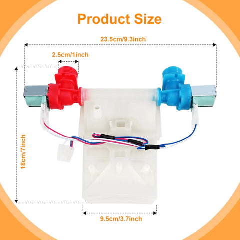 Washer Water Inlet Valve Replacement For Whirlpool Amana Crosley Maytag Inglis, size dimensions, red and blue valves, top view.