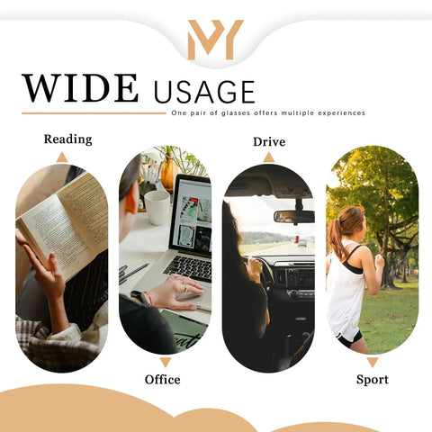 Image showing wide usage of bifocal photochromic reading glasses for women with anti blue light UV protection in reading, office, driving, and sports.