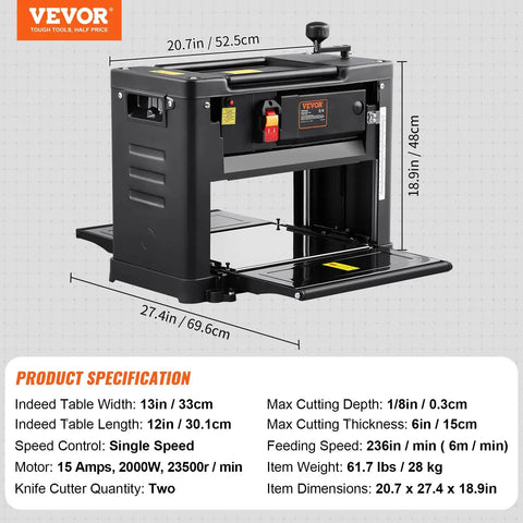 Heavy Duty Benchtop Wood Planer With A 13 Inch Worktable And 15 Amp Motor For Cutting Through Hardwood And Softwood Stock.