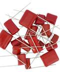 Red radial lead polypropylene capacitors from Must-Have 180Pcs Metallized Film Capacitor Kit For DIY Electronics, PCB And Arduino Projects
