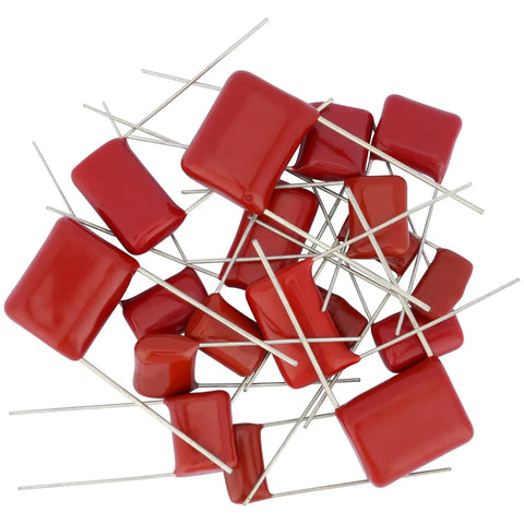 Red radial lead polypropylene capacitors from Must-Have 180Pcs Metallized Film Capacitor Kit For DIY Electronics, PCB And Arduino Projects