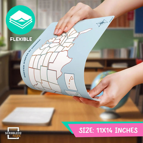 Flexible Dry Erase 11 By 14 Inch United States Map Sheets Pack Of 10 for students shown in classroom being bent by hands.