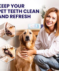 Woman smiling with a golden retriever, pet dental cleaning demonstration, keep your pet teeth clean text visible
