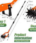 Rotary Cultivator Garden Tool With Adjustable Long Handle Tiller Featuring Star Shaped Rolling Tines For Lawn Care Weeder And Soil Aerator Two In One Reseeding Grass Soil Mixing Manual Yard Tiller showing dimensions and steps for use.