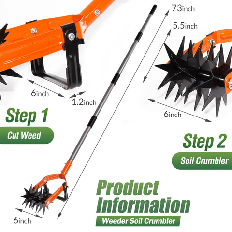 Rotary Cultivator Garden Tool With Adjustable Long Handle Tiller Featuring Star Shaped Rolling Tines For Lawn Care Weeder And Soil Aerator Two In One Reseeding Grass Soil Mixing Manual Yard Tiller showing dimensions and steps for use.