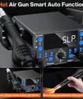 Top-Notch 2-in-1 SMD Hot Air Rework and Soldering Station with LED Display showing sleep mode, hot air gun in foreground