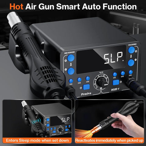 Top-Notch 2-in-1 SMD Hot Air Rework and Soldering Station with LED Display showing sleep mode, hot air gun in foreground