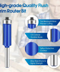 Top Shelf 4 Piece Carbide Router Bit Set With Top Bearing Flush Trim Design showing blue carbide bit with protective features and alloy steel shank.
