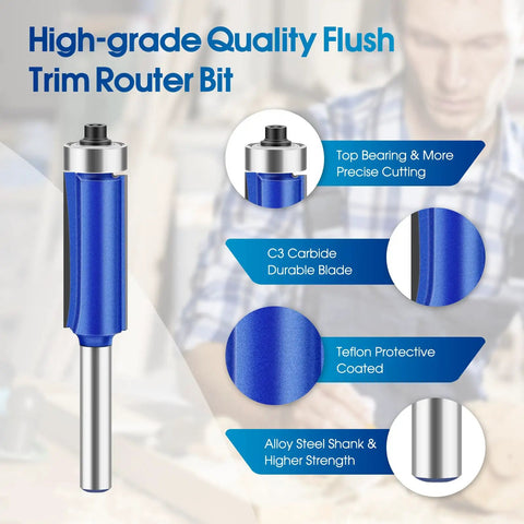 Top Shelf 4 Piece Carbide Router Bit Set With Top Bearing Flush Trim Design showing blue carbide bit with protective features and alloy steel shank.