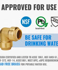 Three Quarter Inch Push To Connect 90 Degree Elbow Fittings For PEX Copper CPVC PE RT No Lead Brass With 1 Disconnect Clip Pack Of 6 Safe For Drinking Water NSF ANSI 61 UPC CUPC Approved shown with certification icons.
