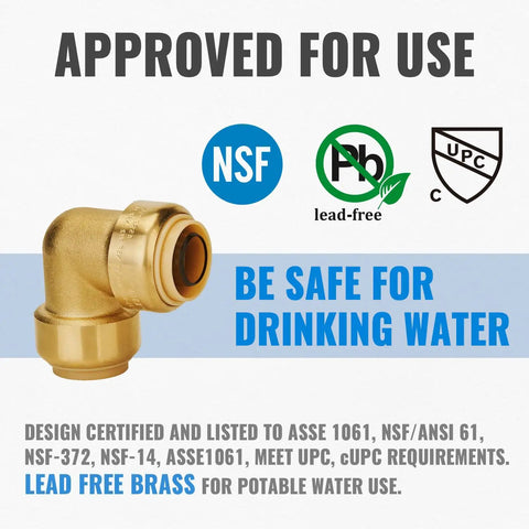 Three Quarter Inch Push To Connect 90 Degree Elbow Fittings For PEX Copper CPVC PE RT No Lead Brass With 1 Disconnect Clip Pack Of 6 Safe For Drinking Water NSF ANSI 61 UPC CUPC Approved shown with certification icons.