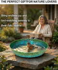 Built Tough As Heck Metal Bird Bath Replacement Bowl For Outside And Yards 12 Inch with bird enjoying the water in a green and blue basin.