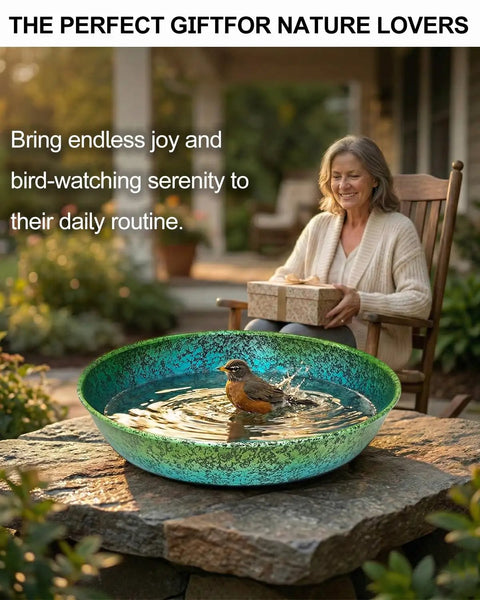 Built Tough As Heck Metal Bird Bath Replacement Bowl For Outside And Yards 12 Inch with bird enjoying the water in a green and blue basin.