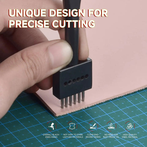 Close-up of Super Handy Leather Hole Punch Tool Set with Interchangeable 2 4 6 prong attachments punching leather.