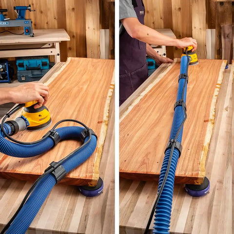 Woodworker using One And A Half Inch Sliding Dust Hose Cord Clips For Shop Vac Hoses And Cords, Durable Full Ring Vacuum Hose Holder
