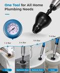 Heavy Duty Air Toilet Plunger And Drain Auger Featuring A Smart Real Time Pressure Gauge For Nailing Sticky Blockages Fast And Slashing Your Weekly Plumbing Costs Today next to a pressure gauge, shown in use on a sink, bathtub, and toilet.