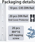 Packaging of Heavy Duty Aluminum DIN Rail Slotted 35mm Wide 7.5mm High 8 Inch Long Universal Mount Kit with screws and end caps.
