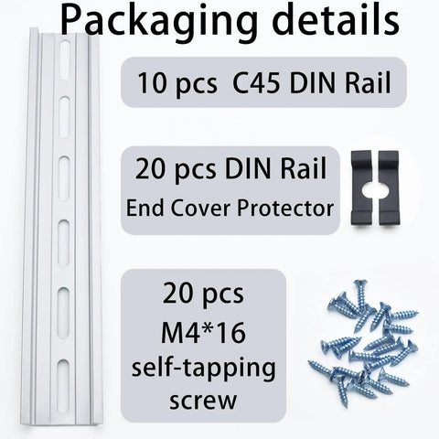 Packaging of Heavy Duty Aluminum DIN Rail Slotted 35mm Wide 7.5mm High 8 Inch Long Universal Mount Kit with screws and end caps.