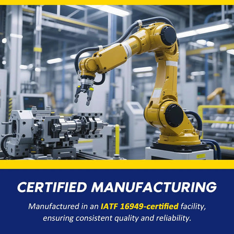 Robotic arm in IATF 16949-certified factory assembling components, showcasing certified manufacturing standards.