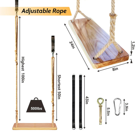 Outdoor And Indoor Wooden Swing For Adults And Kids With Adjustable Hemp Rope And Tree Straps, 24 By 8 By 1.2 Inch Wood Seat