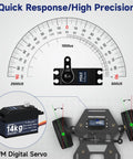 Diagram showing Beefy High Torque RC Digital Servo with 16.5 kg·cm torque for drift cars and helicopters, illustrating quick response and precision.