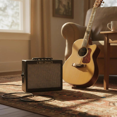 MD 20 Mini Deluxe Guitar Amp Bundle With Power Supply, Instrument Cable, Picks And Road Ready Portable Practice Amp on rug near guitar