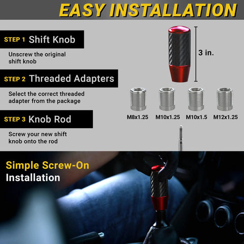 Hot Red Carbon Fiber Shift Knob With Weighted Feel And 4 Metal Threaded Adapters M8 M10x1.25 1.5 M12x1.25 installation steps
