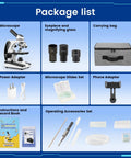 Package list of Compound Monocular Microscope Kit 40X-2000X With Slides Set And Phone Adapter For Students And Home Lab Use.