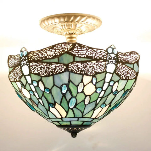 Sea Blue Tiffany Style Dragonfly Ceiling Light Fixture, Stained Glass Semi Flush Mount Lamp, 12 Inch Shade, Antique Green Bronze Base