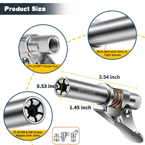 OKYOUK grease gun coupler, front view, 0.53 in tip, chrome metal, fits 1/8 NPT grease guns