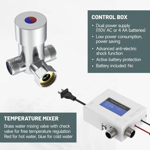 Hands Free No Touch Bathroom Sink Faucet With Motion Sensor And Temperature Control Automatic Sensor Vanity Faucet With Control Box Modern Chrome Finish Battery Or 110V Power Option Includes Hole Cover Plate; image showing control box and temperature mixer.