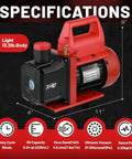 Pro Grade Vacuum Pump And Gauge Set With 4 Way Aluminum Manifold Leak Detector And PVC Storage Case For AC Maintenance Four Point Five CFM Pump Compatible With R22 R134A And R410A Refrigerants with specifications and dimensions.