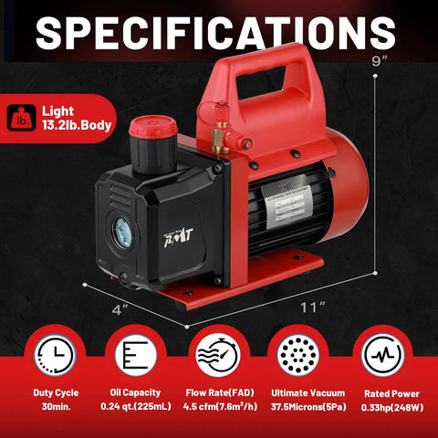 Pro Grade Vacuum Pump And Gauge Set With 4 Way Aluminum Manifold Leak Detector And PVC Storage Case For AC Maintenance Four Point Five CFM Pump Compatible With R22 R134A And R410A Refrigerants with specifications and dimensions.
