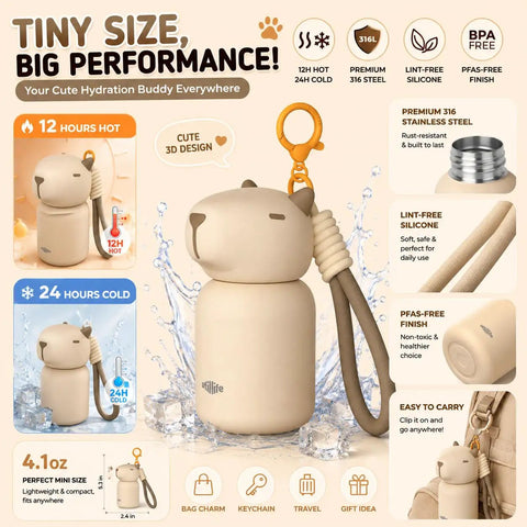 Snag This On The Fly Mini Insulated Water Bottle Featuring Double Wall Vacuum Seal Technology, Portable Coffee Cup And Travel Tumbler, Adorable Capybara Print Bag Friendly Hydration Gear For Gym Or Office in a cute capybara design with a bag clip.