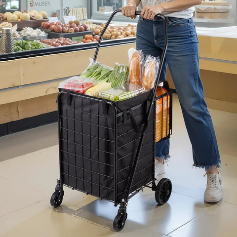 Person using Folding Shopping Cart With Dual Baskets And Waterproof Liner Workhorse Cart in grocery store with groceries.