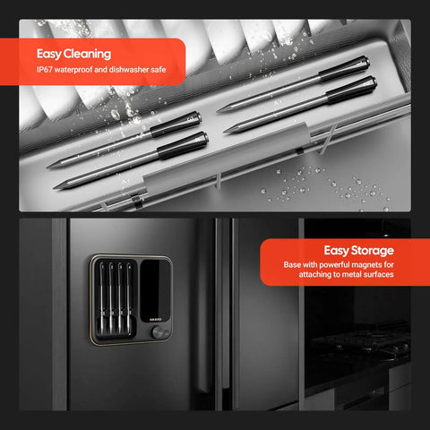 Three Mode Wireless Meat Thermometer With 360 Degree LCD Standalone Base And Four Probes stored on a refrigerator with magnetic base