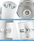 Close-up of Two Pack White Outdoor Wall Sconces with Dusk-to-Dawn Auto On Off features and aluminum housing.