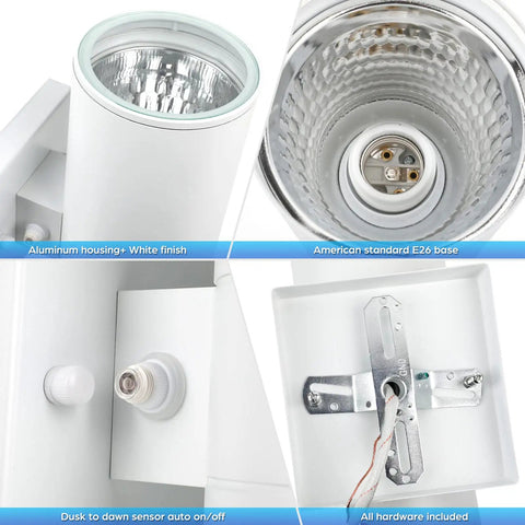 Close-up of Two Pack White Outdoor Wall Sconces with Dusk-to-Dawn Auto On Off features and aluminum housing.