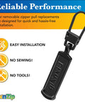 Ultra Easy No Sweat Clip-On Zipper Pull Replacements 4 Pack Black Universal Tabs For Zipper Repair displayed with easy installation icons.