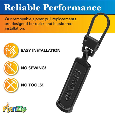 Ultra Easy No Sweat Clip-On Zipper Pull Replacements 4 Pack Black Universal Tabs For Zipper Repair displayed with easy installation icons.