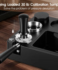 Kickass 58mm Espresso Accessories Kit With Integrated Tamping Station Knock Box Tamper showing spring-loaded 30 lb calibration tamper.