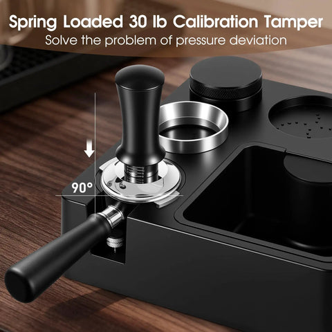 Kickass 58mm Espresso Accessories Kit With Integrated Tamping Station Knock Box Tamper showing spring-loaded 30 lb calibration tamper.